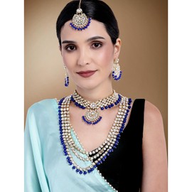 Aheli Boda India Kundan Beaded Heavy Bridal Long Gargantilla Collar Pendientes con Maang Tikka Tradicional Conjunto de Joyas para Mujer (Azul)
