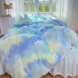 chovy Kids Girls Faux Fur Green Rainbow Comforter Sets Twin/Full - 3PC Bed Set Soft Warm Comfortable Classical Rabbit Plush Velvet Flannel Fluffy Fuzzy Bedding（Comforter x 1 Pillowcases x 2）