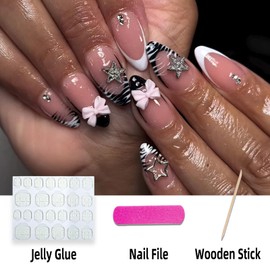 FNKFNK French Tip Press on Nails Medium Almond Fake Nails with Rhinestones Design Glossy Zebra Stripes False Nails Reusable 3D Star Bow Charms Stick on Nails for Women Nail Decor 24Pcs