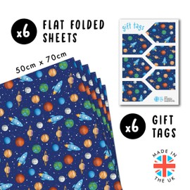 Central 23 - Cute Wrapping Paper for Boys Kids - 6 Sheets of Birthday Giftwrap - Rockets - Planets in Space - Stars - Navy - For Baby Shower or Valentines Day - Colourful - Recyclable