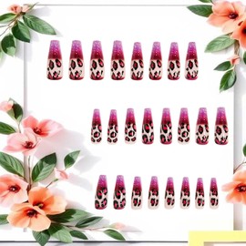 CJDLTS Purple Leopard Press on Nails Long Length Colorful Powder Sequins Design Full Cover Glossy Acrylic Fake Nail French Tip Press Ons Stick on Nail Leopard Glue on Nails for Women 24Pcs