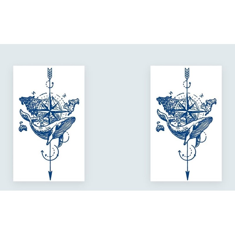 2 Sheets Temporary Whale Tattoo World Tattoo Compass Tattoo Arrow
