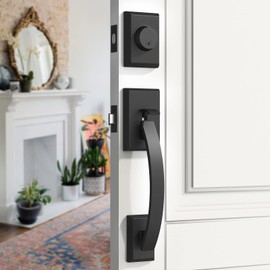 GUA OYH Front Door Lock Set Matte Black Entry Door Handle Sets with Single Cylinder Deadbolt & Square Lever, Heavy Duty Front Door Handleset Door Handles for Front Door or Office Door, MB_LocksetPS
