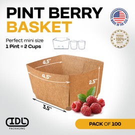 IDL Packaging Pint Berry Basket, Brown (Pack of 100) - Strong and Food-Safe Cardboard Containers for Freezing or Storing Small Fruits - Perfect Farmers Market Supplies