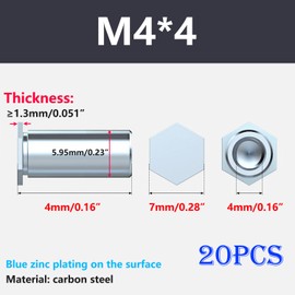Ctyjia 20 Pcs M4x4mm Rivet Insert Nut, Hexagonal Internal Thread Barrel Nuts, Carbon Steel Cylindrical Nut Locking Screws or Bolts