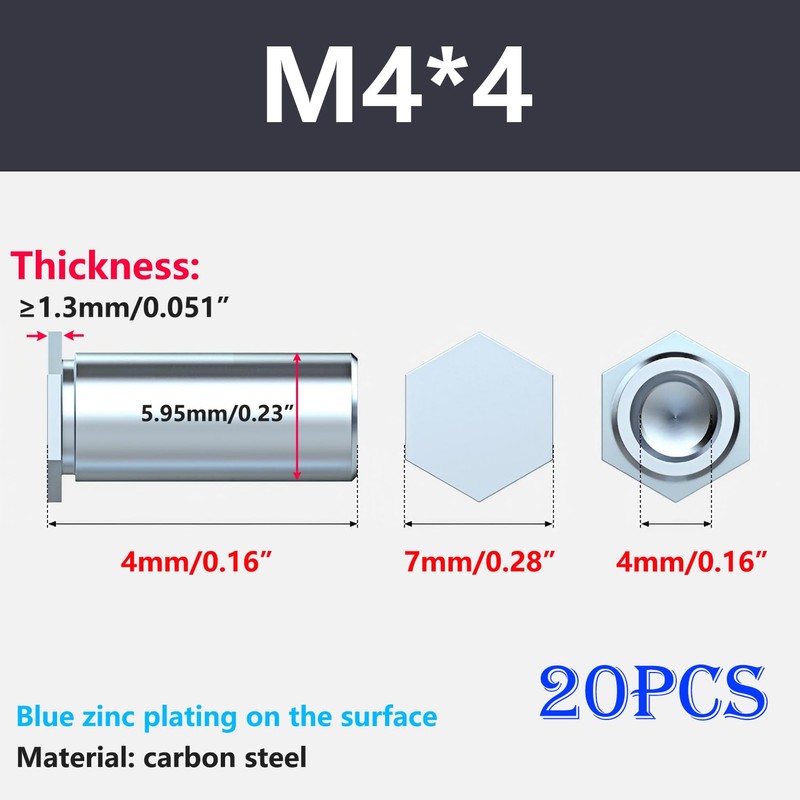 Ctyjia 20 Pcs M4x4mm Rivet Insert Nut, Hexagonal Internal Thread