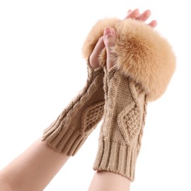 PESAAT Knit Arm Warmers Faux Fur Fingerless Gloves for Women Winter Wrist Warmers with Thumb Hole (Khaki)