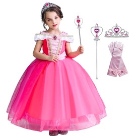 MANAMANA Princess Aurora Children's Dress, Princess Dress, Tiara, Stick Gloves, 4-piece Set, Kids Costume, Pink, Girls, 39.4 inches (100 cm), 39.4 inches (100 cm)
