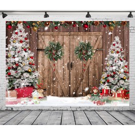 DePhoto 9x6Ft Christmas Backdrop for Photography Rustic Barn Wooden Door Winter Xmas Holiday Photography Background Banner Christmas Tree Gifts Snowflakes Family Portraits Photo Booth Props