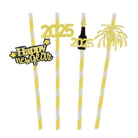 Dusenly Pack of 24 2025 New Year Party Paper Straws Golden Glitter Disposable Drinking Straws for 2025 New Year's Eve Party Decoration Supplies