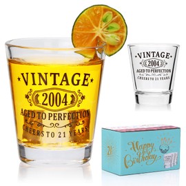 Encheng Happy 21st Birthday Decorations Gifts for Him & Her - Vintage 2004 Black Printed 1.6oz Shot Glasses with Heavy Base, Cheer to 21 Years Birthday Party Favor Gifts for Women,Men,2 Pack
