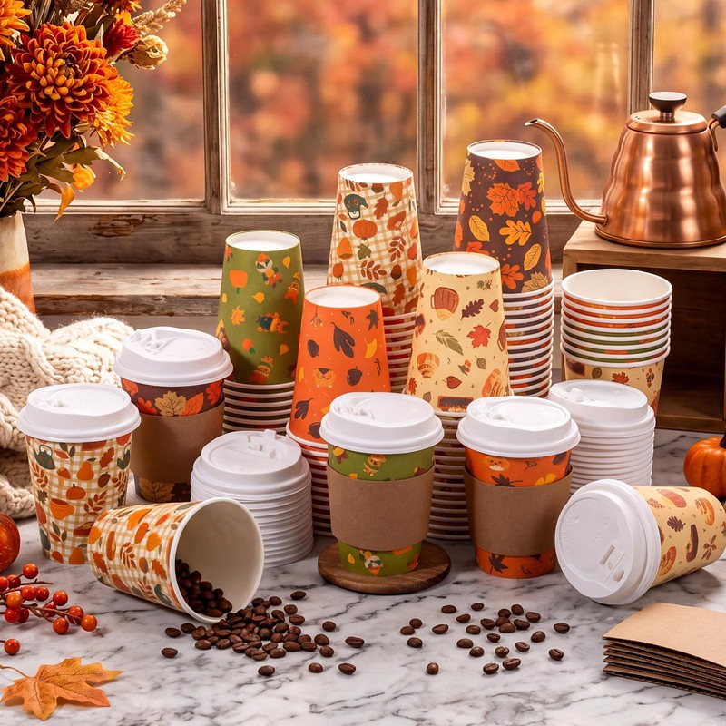 100 Pcs 12oz Fall Thanksgiving Coffee Cup with Lid and