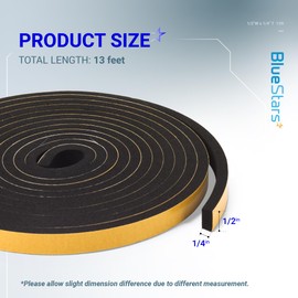 BlueStars 1/2 in x 1/4 in 13FT Adhesive Foam Tape, Thermal Rubber Strip, for Doors & Windows, Soundproofing & Sealing