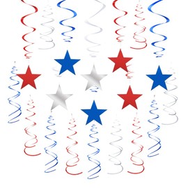 Silver Blue and Red Star Swirl Hanging Decoration for 4th July Independence Day Graduation Retirement Patriotic Theme Party Supplies,Pack of 21