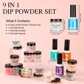 LOPHE French Dipping Powder Nail Kit with 6 Glitter Colours, 9 PCS Nail Dip Powder Starter Kit Nail Tools Dip Nail Starter Set with Base Top Coat Activator for Girls Gift Manicure DIY Art(A)