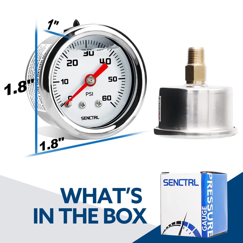 SENCTRL 0-60 Psi Fuel Pressure Gauge, 1-1/2" Dial Size, 1/8"