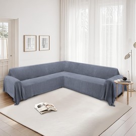 HDCAXKJ Corner Sectional Couch Covers for Dogs L Shape Sofa Cover with Tassel Chenille Super Soft Non Slip U Shaped Couch Cover Blanket Washable Sofa Slipcovers Protector (Dark Grey Blue, 91x276 inch)