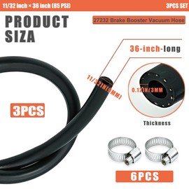 27232 11/32 Inch x 36 Inch (85 PSI) Brake Booster Vacuum Hose， 3-piece set, includes 6 stainless steel clamps, Brake Booster Hose for Passenger Cars and Light Trucks, Auto Vacuum Hose