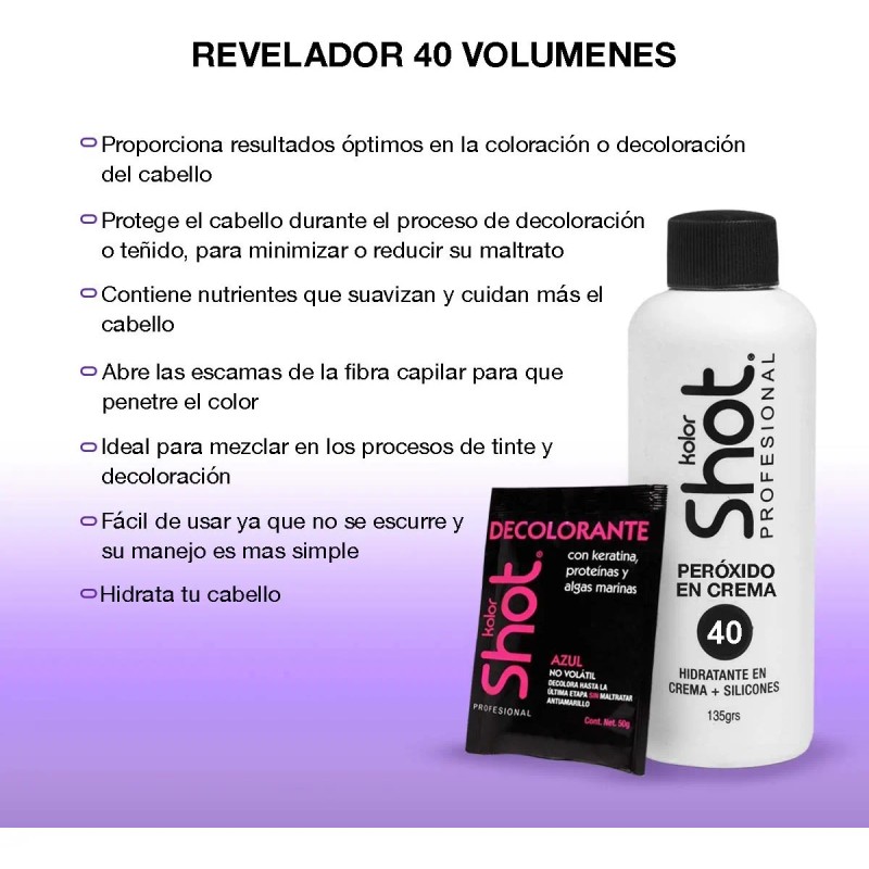 Polvo Decolorante 50g + Peroxido 135g 10/20/30/40 Kolor Shot Tono
