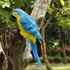 Handsider Realistic Parrot Sculpture Resin Hanging Parrots Garden Statues Lifelike Bird Figurines Landscape Ornament Patio Yard Lawn Figurine Tree Decor, Outdoor Garden Wall Statues (Blue)