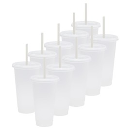 Vasos de Plastico Reusable Set de 10, 20, Y 50 Vaso con Popote y Tapa de 24 oz tipo Termos para Cafe (Vaso tipo Termo Reusable/Plastic Cup) (10, TRANSPARENTE)