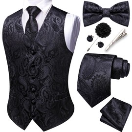 YOHOWA Formal Men Black Vest V-Neck Suit Vests Tie Bowtie Set Paisley Jacquard Waistcoat Clip Hanky Cufflinks Lapel Pin Wedding 8PCS
