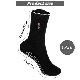 TIESOME Pilates Grip Socks for Women with Non Slip Grippers, Yoga Grippy Crew Socks Cute Ballet Accessory with Ruffle Cuff Embroidery Design for Barre Hospital (Black)