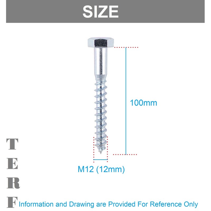 TERF® M12 X 100mm Coach Screws Hex Head Stainless Steel