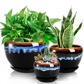 AVLA 3 Pack Ceramic Flower Pots, Gardening Drip Glazed Planter, Plant Pot with Drainage Hole and Saucer, 7/5/4 Inch Rustic Houseplant Container for Succulent Herbs Cactus Orchid, Home Indoor Outdoor