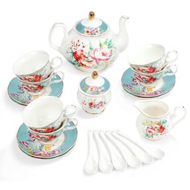 fanquare 15 Piece Colorful Flowers Porcelain Tea Set, Ceramic Tea Cup and Saucer Set for 6, Vintage Teapot Set for Women Party