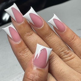 KQueenest White French Tip Press on Nails Medium Long - Duck Press on Nails for Women, Soft Gel Fake Nails Press ons, Natural Reusable Light Pink French Tip Glue on Nails for Women Wedding, 30 Pcs