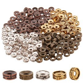 PH PandaHall Tibetan Spacer Beads, 4 Colours, Flat Round Beads, 7.5 x 3 mm, Round Spacer Beads, Alloy Beads for Bracelets, Necklaces, Earrings, Pack of 200