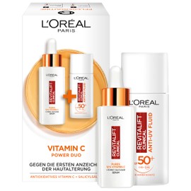 L'Oréal Paris Gesichtspflege-Set mit Vitamin C Serum und Anti-UV-Fluid mit LSF 50+, Für einen strahlenden Hautton und verkleinerte Poren, Gegen erste Anzeichen der Hautalterung, Revitalift