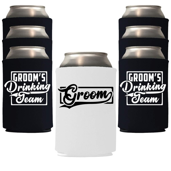 Veracco Groom and Groom's Drinking Team Can Coolie Holder Bachelor Party Wedding Favors Gift For Groom Groomsmans Proposal (6, Wht Groom, Blk DT)