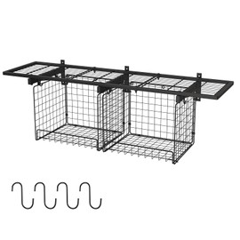 1x4ft Heavy Duty Garage Wall Shelving with 2 Wire Baskets, Garage Shelving Wall Mounted with 4 Hooks, 200 lbs Load Capacity, Garage Storage Rack Floating Shelves for Laundry Room, Kitchen, Shed