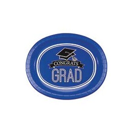 Club Pack Graduation School Spirit Cobalt Blue Color Printed 10in x 12in Oval Paper Plates, Box of 96 Printed Plates