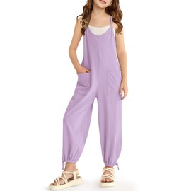 BesserBay Girls Summer Adjustable Spaghetti Strap Drawstring Cuffs Solid Long Pants Jumpsuit Loose Fit Casual Overalls Light Purple Romper 9-10 Years