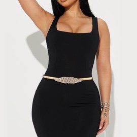 Heyjoin Women Metal Skinny Stretch Waist Belt Thin Elastic Chain Belt for Dress (Crystal Gold-L)