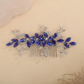 Teyglen Flower Crystal Wedding Hair Comb Blue Rhinestone Hair Piece for Bride Wedding Hair Accessories Headpiece for Women Party Prom (Blue)