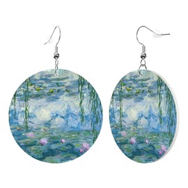 Monet Water Lilies Earrings Faux Leather Round Earring Lightweight Dangle for Women