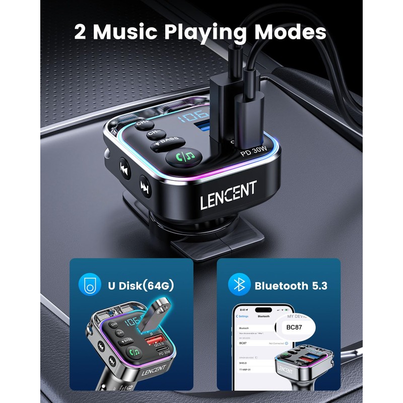 LENCENT Bluetooth 5.3 FM transmitter,PD 30W & QC3.0 Fast Charger