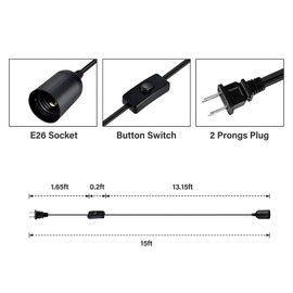 Simple Deluxe 15 Feet Hanging Lantern Extension Cord Cable, On Off Switch Light Cord with E26 Socket for Kitchen Bedroom (Bulb Not Included), Black, 1-Pack