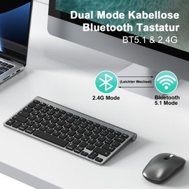 PINKCAT Bluetooth Tastatur Kabellos 2,4 G USB kabelloseTastatur Deutsches QWERTZ Layout Kompakte Mini Tastatur mit Multimedia-Tasten, Kompatibel mit PC, Notebook, Laptop, Windows