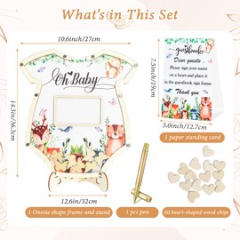 Defresit 64Pcs Baby Shower Guest Book Alternative – Keepsake Onesie Shaped with Wooden Photo Frame, 60 Heart-Shaped Wooden Chips Pen Holder and Sign in Book for Gender Reveal Baby in Bloom Themes