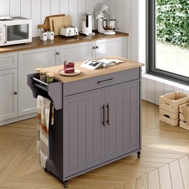 Jarenie Kitchen Island on Wheels, Portable Rolling Kitchen Cart Storage Cabinet with Solid Wood Countertop, Shelf, Spice Rack, Towel Rack and Drawer (#03 Grey)