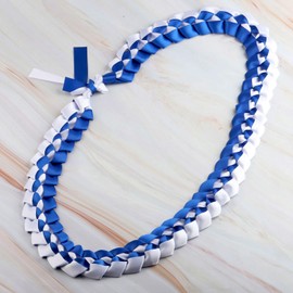 BNQL Hawaiian Kukui Nut Lei Necklace Graduation Leis Chunky Beaded Necklace with Ribbon Graduation Gifts for Her Him (Graduation Lei Blue White)