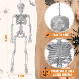 Amyhill 24 Pcs Halloween Decorations Set 16" Glitter Silver Hanging Skeletons 258 sqft Spider Webs Decor with Fake Spiders Outdoor Indoor Hanging Ornament for Halloween House Party Decor Supplies