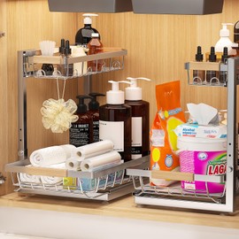 Sevenblue 2 Packs Under Sink Organizer, High Adjustable 2 Tier Under Kitchen sink organizer, Multi-Purpose Storage Shelf for Kitchen Bathroom Cabinet(L, Silvery)