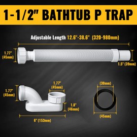 VIVIDA Bathtub Shower Drain Pipe, 1-1/2" Low Profile P Trap Bathtub Fittings, Flexible Flat P Trap Freestanding Tub Drain for Bath and RV, Sealing Tape Included, White, 1 PACK