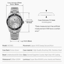 watchdives WD1965 VH31 Quartz Watches, 62MAS Diving Watch 38 mm Curved Sapphire Glass Luxury Watch 200M Waterproof Watches, White, Bracelet